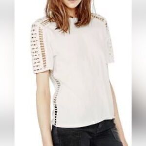 Maje Titre White Crochet Insert Short Sleeve Top Size 1/S Coquette Clean Girl